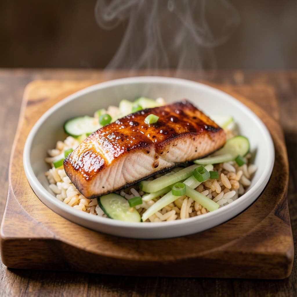 Gochujang-Glazed Salmon Bowls with Quick Pickled Cucumbers and Scallion Rice