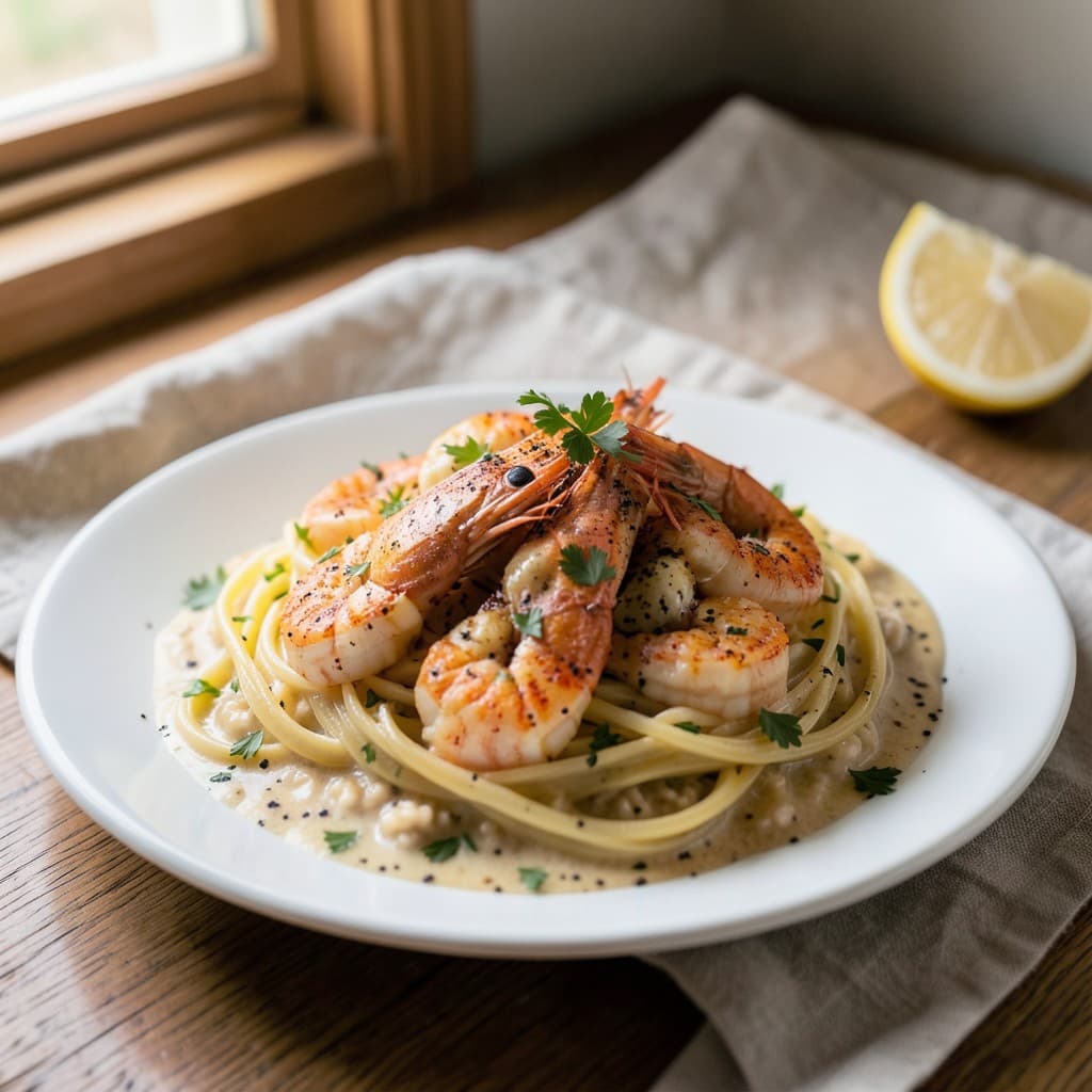 Creamy Garlic Prawns in Linguine