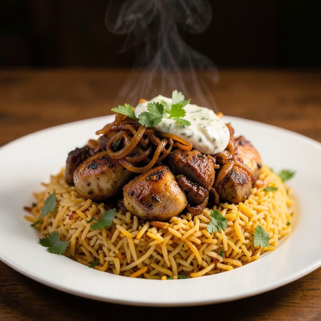 Layered Saffron Biryani with Crispy Onions and Yogurt Raita