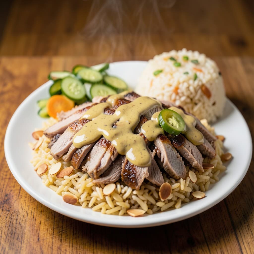 Slow-Roasted Lamb Shawarma with Tahini Sauce, Rice Pilaf, and Pickled Vegetables