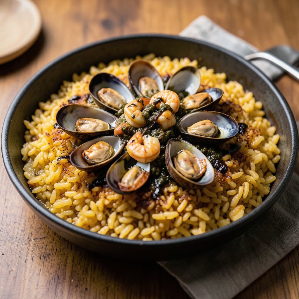 Seafood Paella Valenciana with Romesco