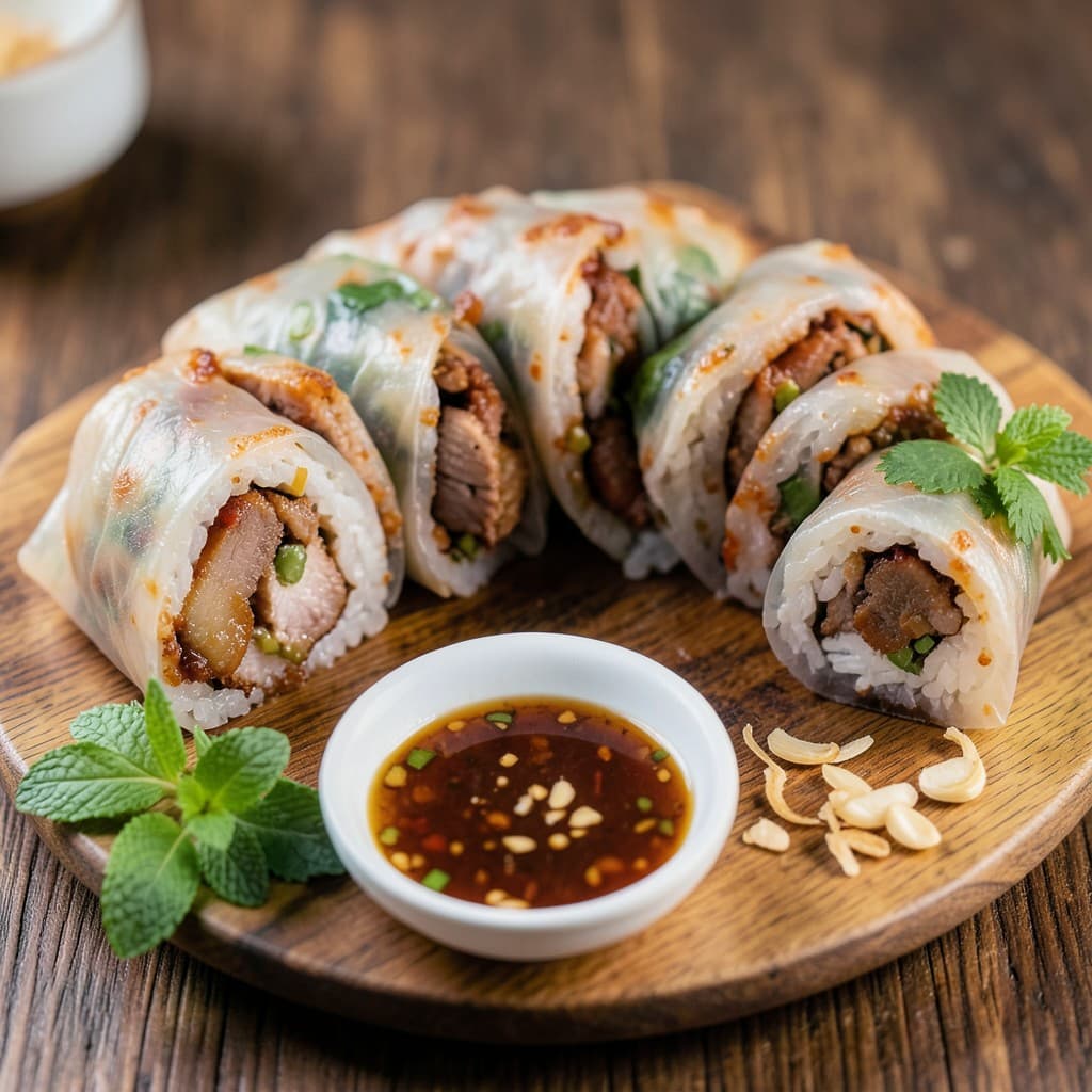 Steamed Rice Rolls with Char Siu and Nuoc Cham